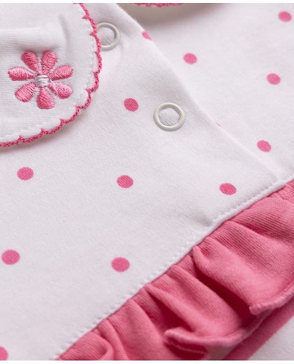 Babyhug 100% Cotton Interlock Knit Full Sleeves Romper with Frill Details and Polka Dots Print with Stripes - White & Pink