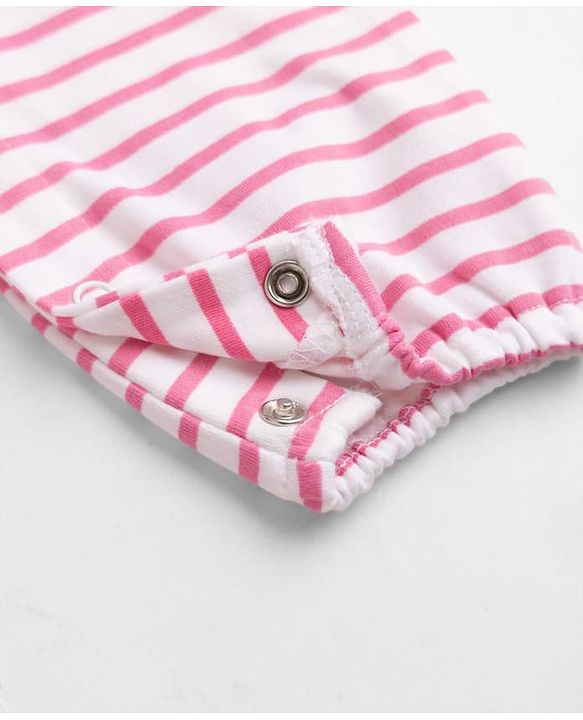 Babyhug 100% Cotton Interlock Knit Full Sleeves Romper with Frill Details and Polka Dots Print with Stripes - White & Pink