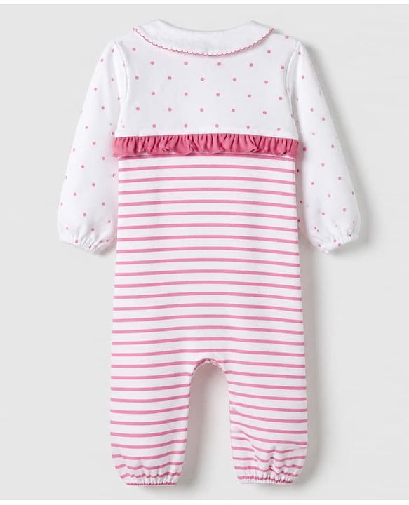 Babyhug 100% Cotton Interlock Knit Full Sleeves Romper with Frill Details and Polka Dots Print with Stripes - White & Pink