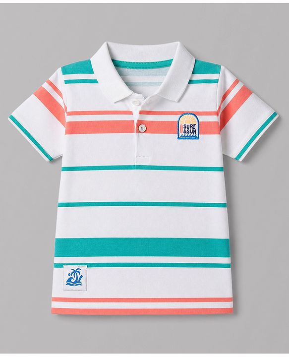 Babyhug 100% Cotton Knit Striped Polo T-Shirt with Half Sleeves and Surf and Sun Applique - White