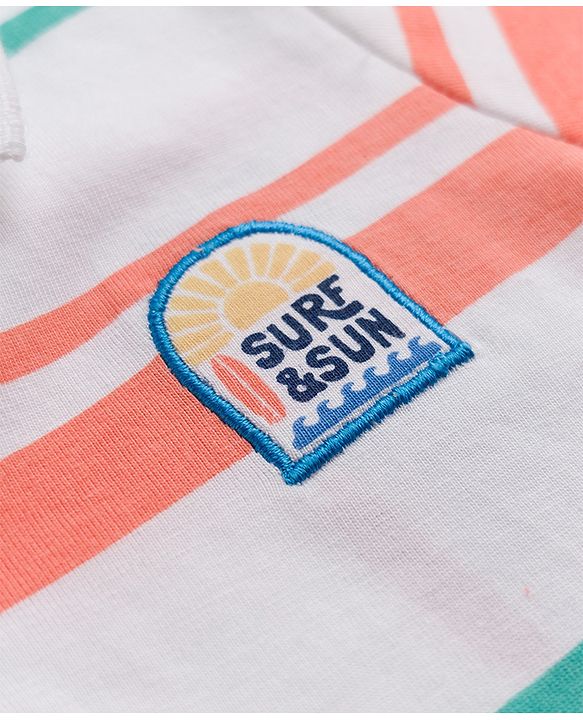 Babyhug 100% Cotton Knit Striped Polo T-Shirt with Half Sleeves and Surf and Sun Applique - White
