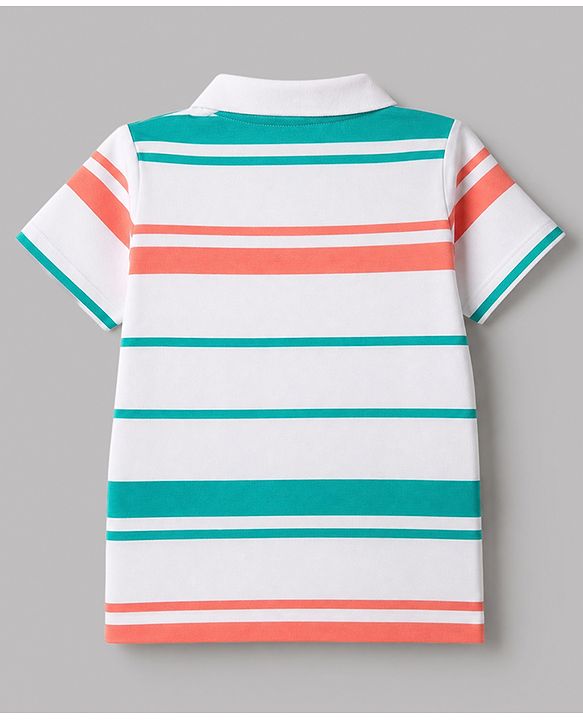 Babyhug 100% Cotton Knit Striped Polo T-Shirt with Half Sleeves and Surf and Sun Applique - White