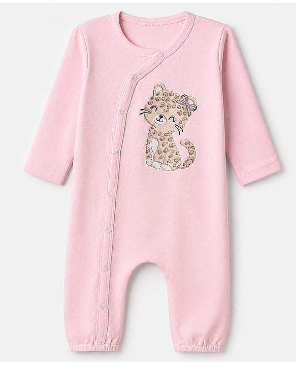 Babyhug 100% Cotton Knit Romper with Full Sleeves and Leopard Print in Light Pink