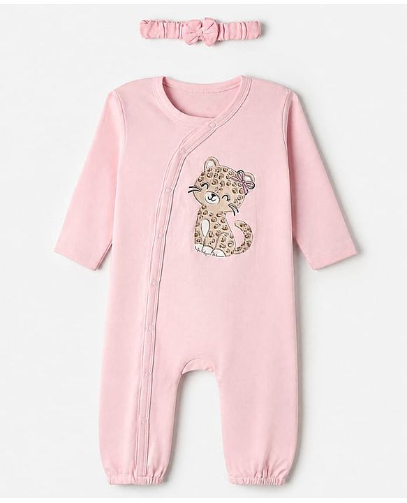 Babyhug 100% Cotton Knit Romper with Full Sleeves and Leopard Print in Light Pink