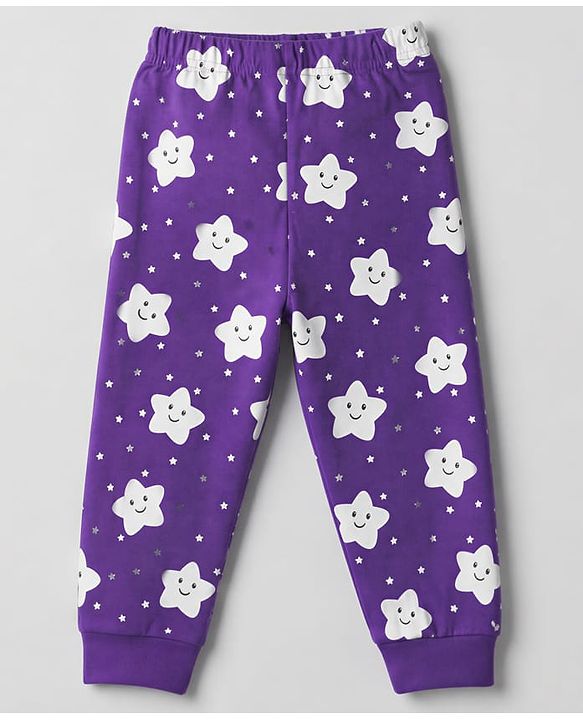 Babyhug 100% Cotton Knit Full Sleeves Co-Ords T-Shirt & Pyjama Night Suit with Star Print - Purple