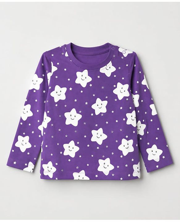 Babyhug 100% Cotton Knit Full Sleeves Co-Ords T-Shirt & Pyjama Night Suit with Star Print - Purple