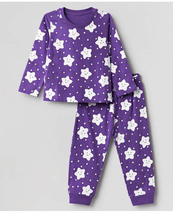 Babyhug 100% Cotton Knit Full Sleeves Co-Ords T-Shirt & Pyjama Night Suit with Star Print - Purple