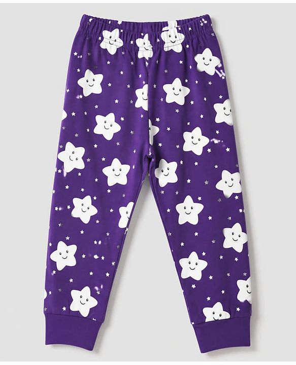 Babyhug 100% Cotton Knit Full Sleeves Co-Ords T-Shirt & Pyjama Night Suit with Star Print - Purple