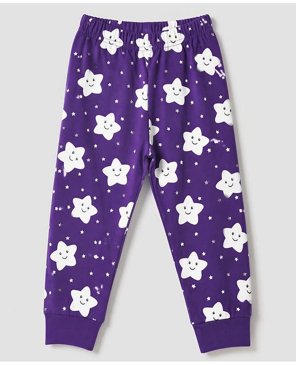 Babyhug 100% Cotton Knit Full Sleeves Co-Ords T-Shirt & Pyjama Night Suit with Star Print - Purple