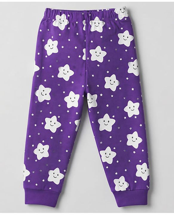Babyhug 100% Cotton Knit Full Sleeves Co-Ords T-Shirt & Pyjama Night Suit with Star Print - Purple