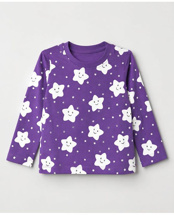 Babyhug 100% Cotton Knit Full Sleeves Co-Ords T-Shirt & Pyjama Night Suit with Star Print - Purple