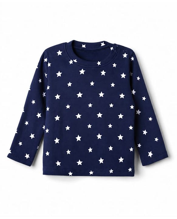 Babyhug 100% Cotton Knit Rib Full Sleeves Co-Ords T-Shirt & Pyjama Winter NIght Suit with Star Print - Navy Blue