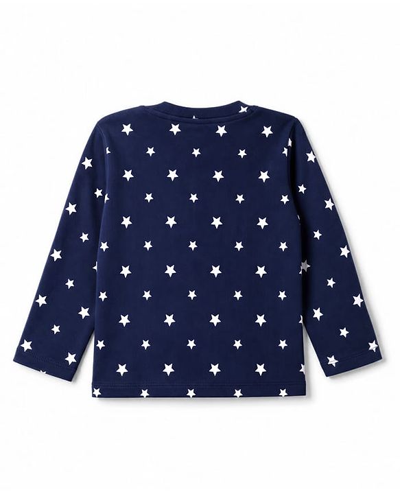 Babyhug 100% Cotton Knit Rib Full Sleeves Co-Ords T-Shirt & Pyjama Winter NIght Suit with Star Print - Navy Blue