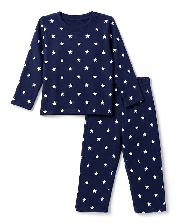 Babyhug 100% Cotton Knit Rib Full Sleeves Co-Ords T-Shirt & Pyjama Winter NIght Suit with Star Print - Navy Blue