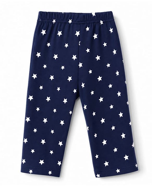 Babyhug 100% Cotton Knit Rib Full Sleeves Co-Ords T-Shirt & Pyjama Winter NIght Suit with Star Print - Navy Blue