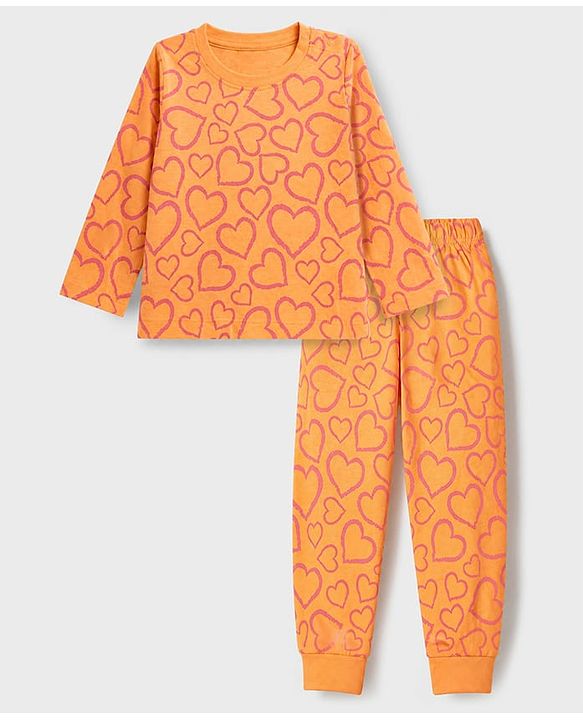 Babyhug 100% Cotton Knit Full Sleeves Co-Ords T-Shirt & Pyjama Night Suit with Heart Print - Peach