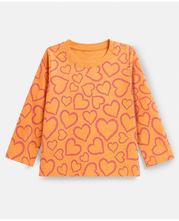 Babyhug 100% Cotton Knit Full Sleeves Co-Ords T-Shirt & Pyjama Night Suit with Heart Print - Peach