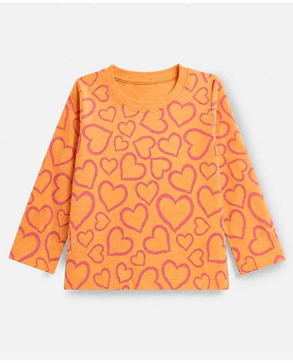 Babyhug 100% Cotton Knit Full Sleeves Co-Ords T-Shirt & Pyjama Night Suit with Heart Print - Peach