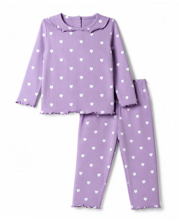 Babyhug Cotton Knit Rib Full Sleeves Co-Ords T-Shirt & Pyjama Night Suit with Heart Print - Lavender
