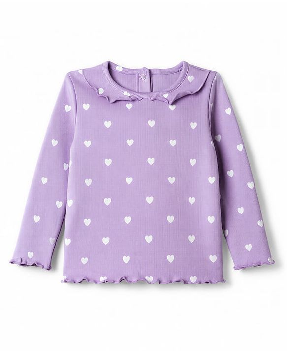 Babyhug Cotton Knit Rib Full Sleeves Co-Ords T-Shirt & Pyjama Night Suit with Heart Print - Lavender