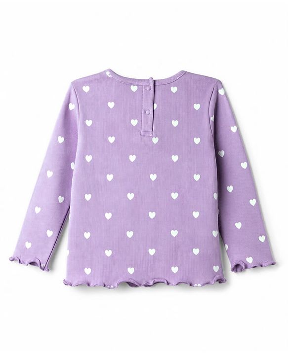 Babyhug Cotton Knit Rib Full Sleeves Co-Ords T-Shirt & Pyjama Night Suit with Heart Print - Lavender