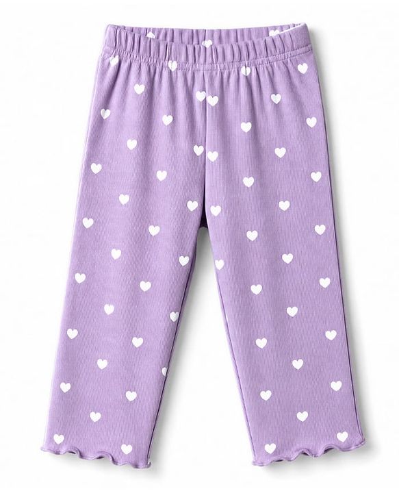 Babyhug Cotton Knit Rib Full Sleeves Co-Ords T-Shirt & Pyjama Night Suit with Heart Print - Lavender