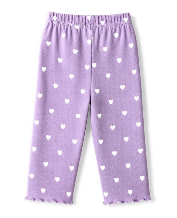Babyhug Cotton Knit Rib Full Sleeves Co-Ords T-Shirt & Pyjama Night Suit with Heart Print - Lavender