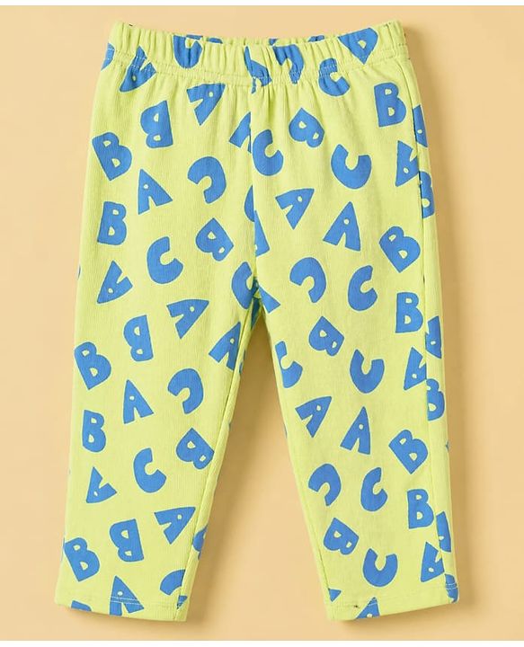 Babyhug Cotton Knit Rib Full Sleeves T-Shirt & Pajama Winter Night Suit with ABC Letters Print - Green