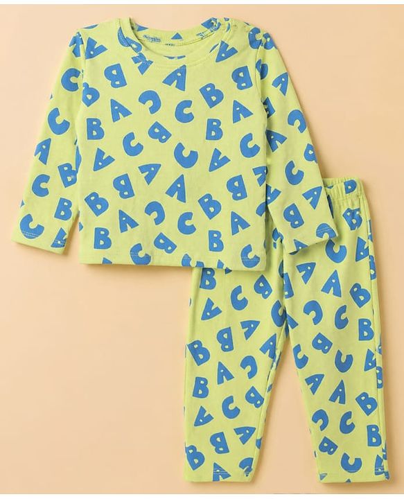 Babyhug Cotton Knit Rib Full Sleeves T-Shirt & Pajama Winter Night Suit with ABC Letters Print - Green