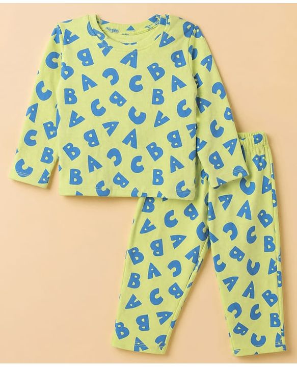 Babyhug Cotton Knit Rib Full Sleeves T-Shirt & Pajama Winter Night Suit with ABC Letters Print - Green