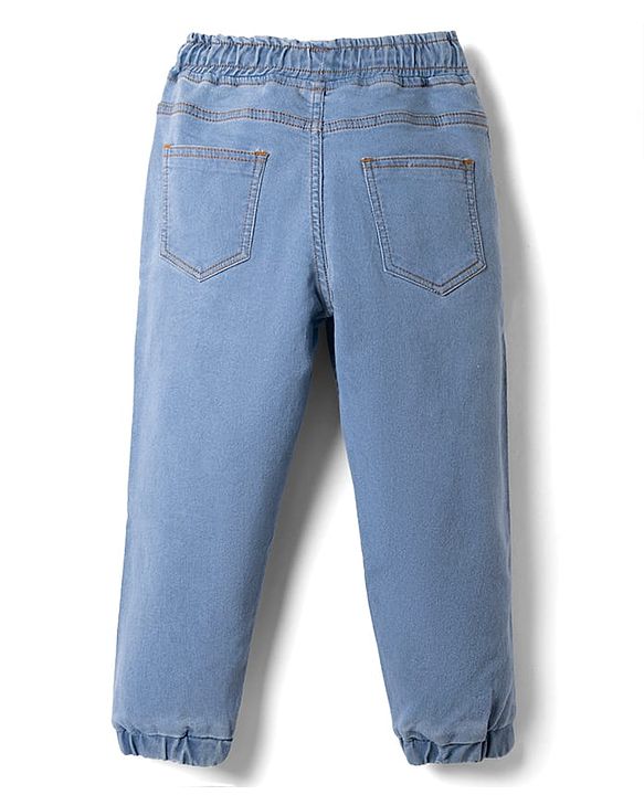 Pine Kids Cotton Elastane Denim Full Length Jeans with Drawcord and New York Text Print - Light Blue
