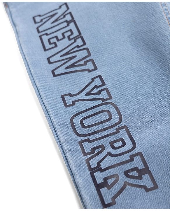 Pine Kids Cotton Elastane Denim Full Length Jeans with Drawcord and New York Text Print - Light Blue