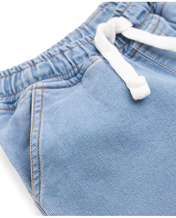 Pine Kids Cotton Elastane Denim Full Length Jeans with Drawcord and New York Text Print - Light Blue
