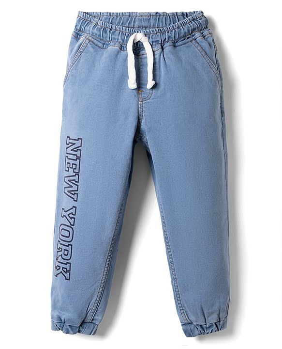 Pine Kids Cotton Elastane Denim Full Length Jeans with Drawcord and New York Text Print - Light Blue