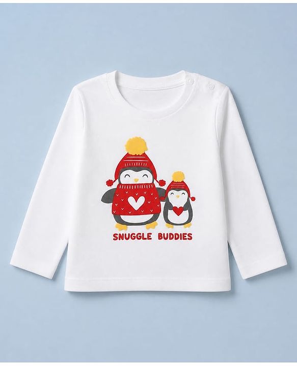 Babyhug 100% Cotton Knit Full Sleeves T-Shirt & Pyjama Night Suit with Penguin & Heart Print - White