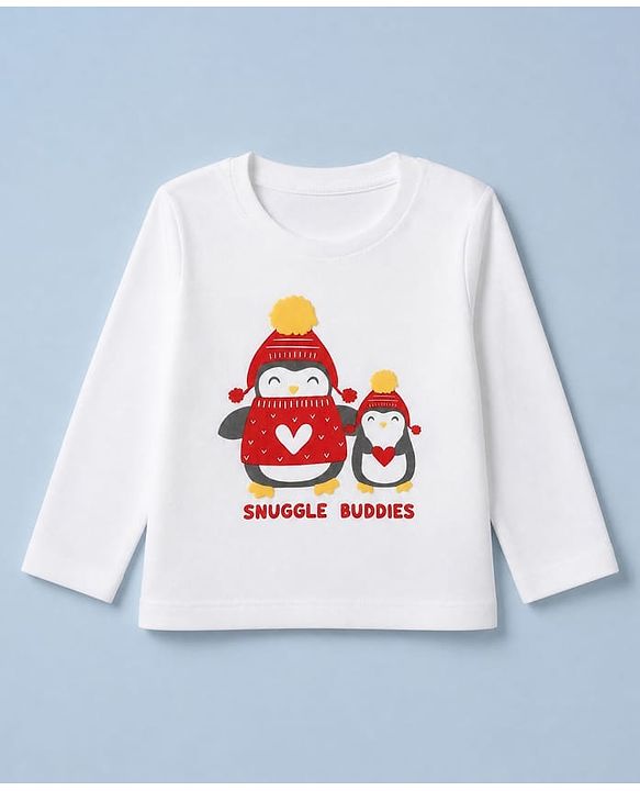 Babyhug 100% Cotton Knit Full Sleeves T-Shirt & Pyjama Night Suit with Penguin & Heart Print - White