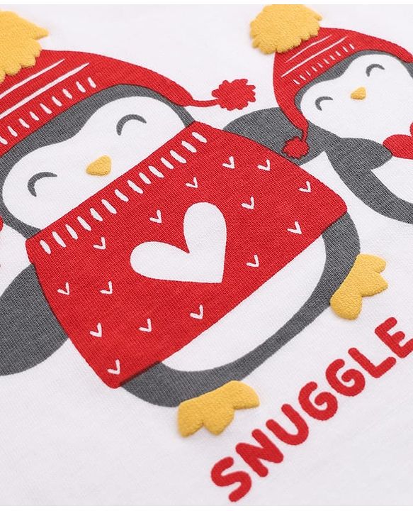 Babyhug 100% Cotton Knit Full Sleeves T-Shirt & Pyjama Night Suit with Penguin & Heart Print - White