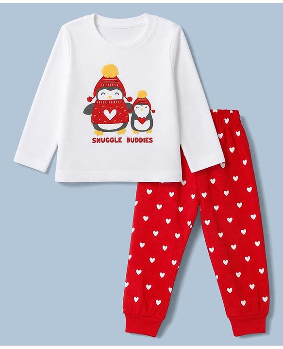 Babyhug 100% Cotton Knit Full Sleeves T-Shirt & Pyjama Night Suit with Penguin & Heart Print - White