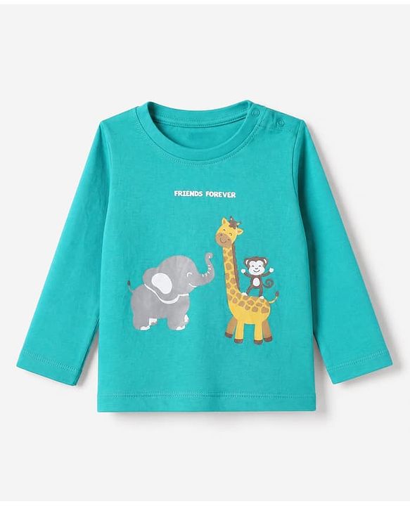 Babyhug Cotton Knit Full Sleeves T-Shirt & Pajama Night Suit with Monkey Giraffe Elephant Print - Turquoise