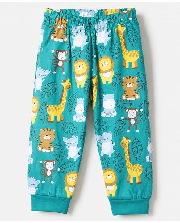 Babyhug Cotton Knit Full Sleeves T-Shirt & Pajama Night Suit with Monkey Giraffe Elephant Print - Turquoise