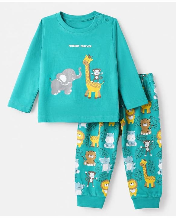 Babyhug Cotton Knit Full Sleeves T-Shirt & Pajama Night Suit with Monkey Giraffe Elephant Print - Turquoise