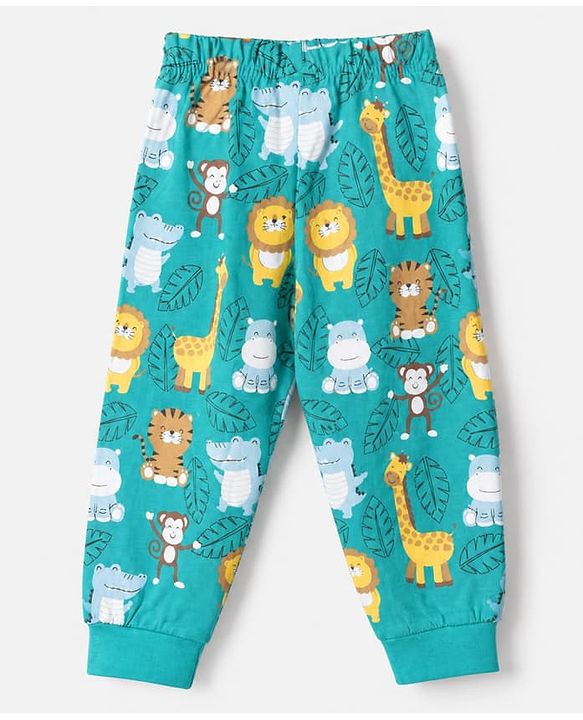 Babyhug Cotton Knit Full Sleeves T-Shirt & Pajama Night Suit with Monkey Giraffe Elephant Print - Turquoise