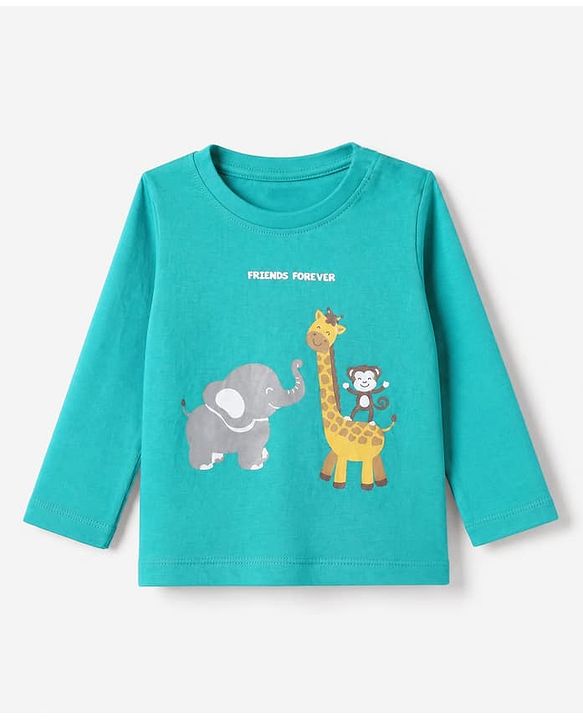 Babyhug Cotton Knit Full Sleeves T-Shirt & Pajama Night Suit with Monkey Giraffe Elephant Print - Turquoise