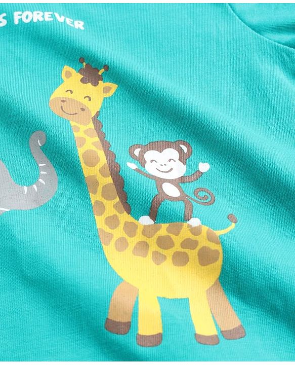 Babyhug Cotton Knit Full Sleeves T-Shirt & Pajama Night Suit with Monkey Giraffe Elephant Print - Turquoise
