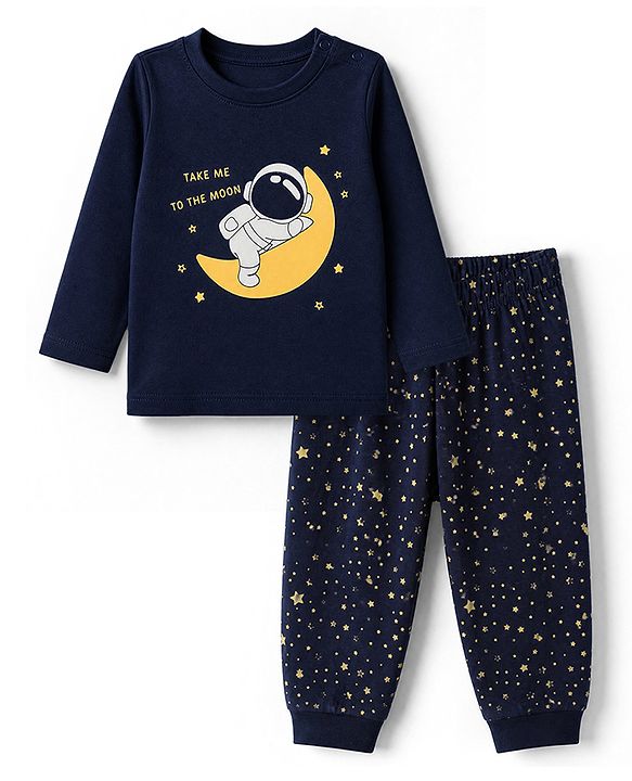 Babyhug Cotton Knit Full Sleeves T-Shirt & Pyjama Set With Astronaut Print - Navy Blue