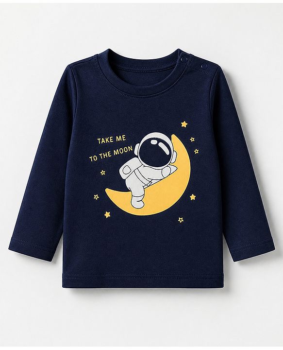 Babyhug Cotton Knit Full Sleeves T-Shirt & Pyjama Set With Astronaut Print - Navy Blue