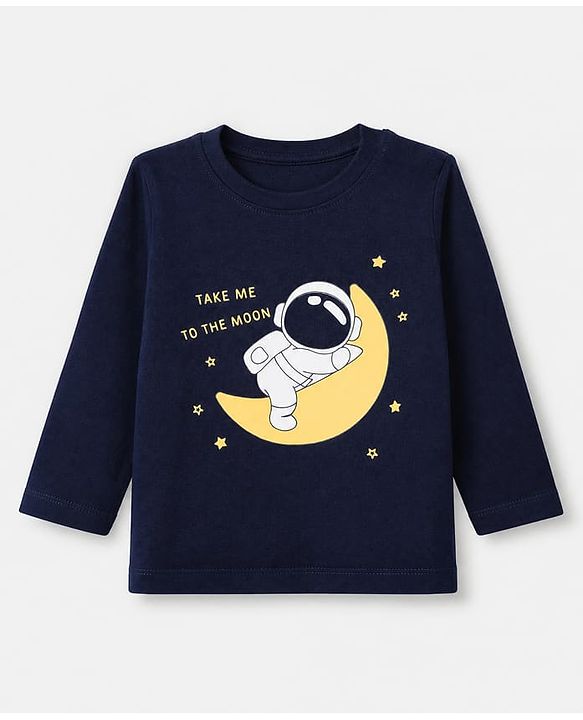 Babyhug Cotton Knit Full Sleeves T-Shirt & Pyjama Set With Astronaut Print - Navy Blue