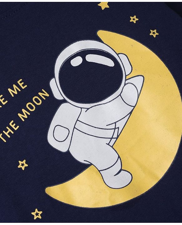 Babyhug Cotton Knit Full Sleeves T-Shirt & Pyjama Set With Astronaut Print - Navy Blue