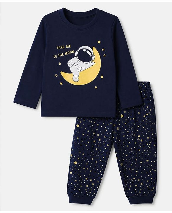 Babyhug Cotton Knit Full Sleeves T-Shirt & Pyjama Set With Astronaut Print - Navy Blue