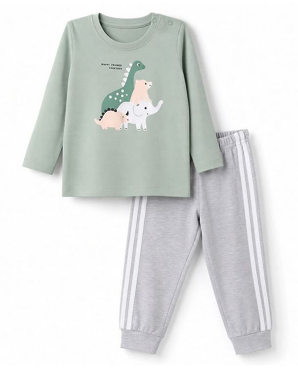 Babyhug 100% Cotton Knit Full Sleeves T-Shirt & Pyjama Night Suit with Animal Print - Green